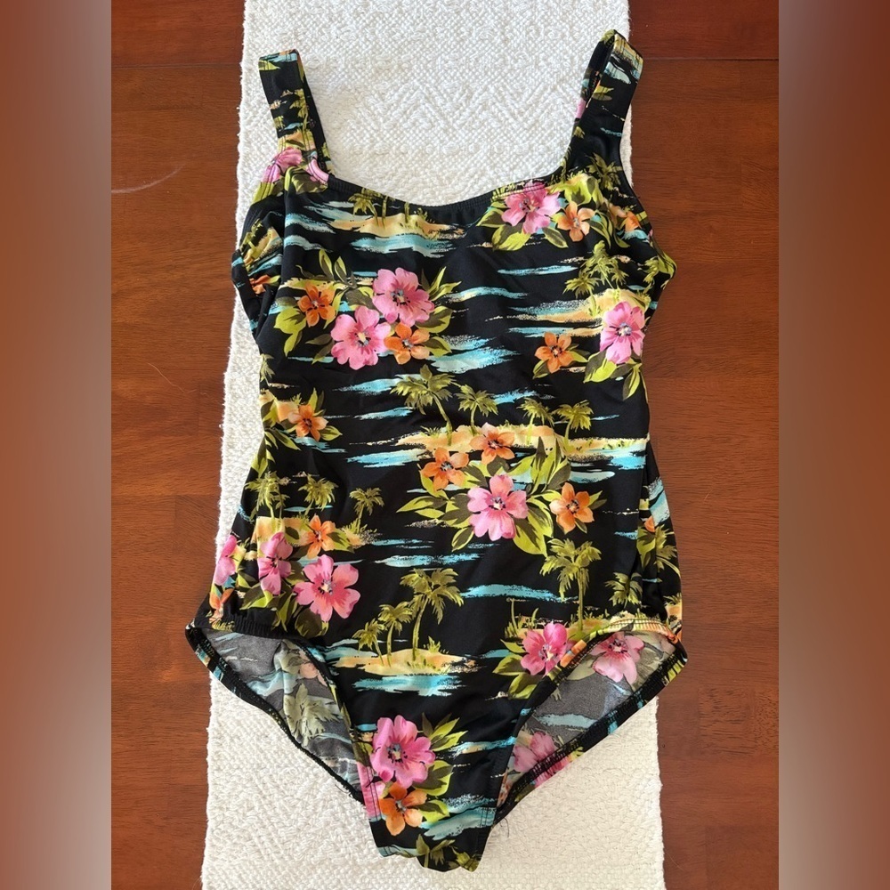 🩱 Vintage Longitude Scoopneck Floral Tank Crisscross Back Straps Swimsuit sz 12